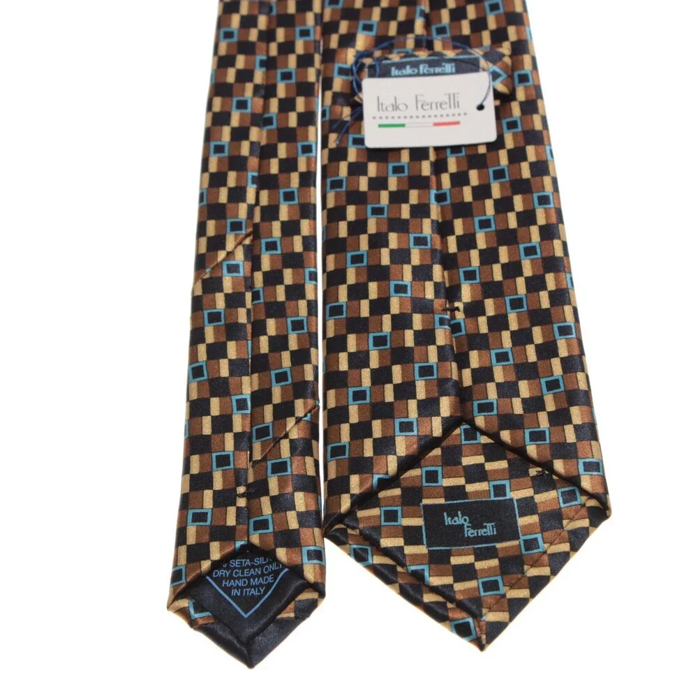 Italo Ferretti NWT Neck Tie in Browns & Blues Geometric Print 100% Silk